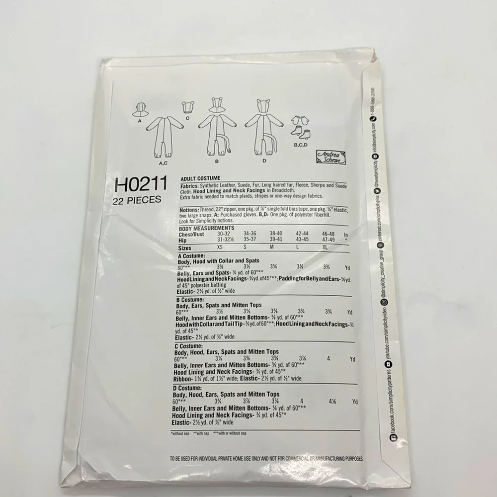 Simplicity UNCUT H0211 A Body Hood with Collar Spats Sewing Pattern XS - XL